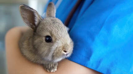 Naklejka premium a rabbit being held by a nurse in blue scrubs