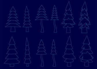 Obraz premium A set of festive Christmas trees in low poly style with white contours stands out against a deep blue background. The fir trees vary in shapes and sizes, creating a cheerful holiday atmosphere.