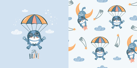 Children's cute background and seamless pattern with a funny cat pilot flying with a parachute and hanging on the moon. Vector design for fabric, wallpaper, wrapping paper, and more