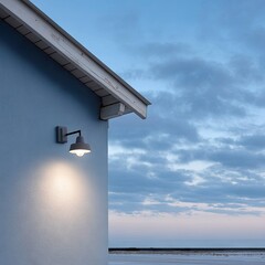 Smart Outdoor Floodlight on Blue House Exterior at Dusk