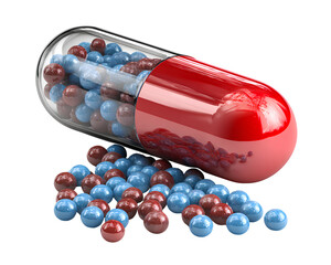 Open red and brown pill capsule with blue pills spilling out,