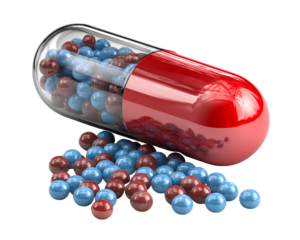 Open red and brown pill capsule with blue pills spilling out,