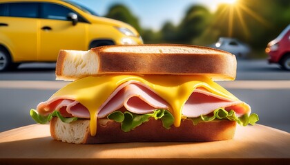 melted cheese drapes over ham salad sandwich yellow vehicle blurred background culinary drive