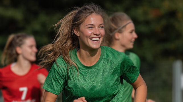 Smiling young woman in green jersey running during outdoor soccer practice
