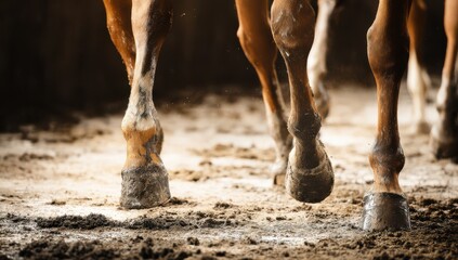 Horses' legs with metallic accents on the floor of a stable, close-up of hooves in mud