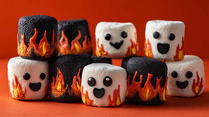 Cool marshmallow figures, lights and smileys on an orange background, Halloween, children's party
