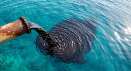 Rusty industrial pipe discharging dark liquid waste directly into clear blue ocean water causing pollution. Environmental disaster.