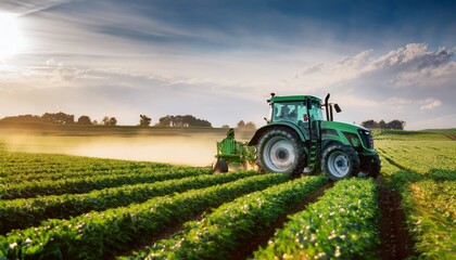 Naklejka premium a green tractor operates efficiently within lush fields demonstrating modern agricultural technology and practices while contributing to crop growth and sustainability