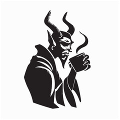 Scary Devil Drinking Coffee Simple Vector Illustration on White Background