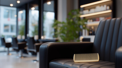 Fototapeta premium Barber Styling Hair with Comb in a Modern Chair