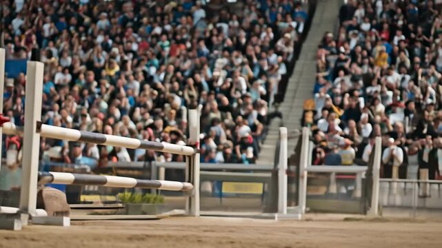 Male equestrian landing after jump on stadium sand during showjumping competition. Concept of equestrian sport, athletic performance, control, adrenaline, summer games action.