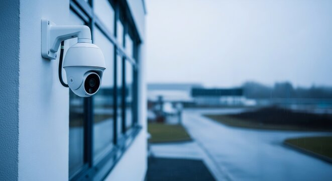 Outdoor security camera on modern building facade. Video surveillance system for property protection. Control and observation concept.