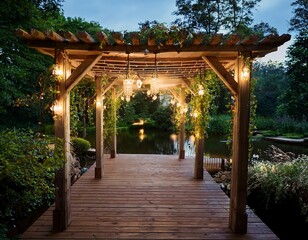 a serene garden scene with a wooden pergola adorned with fairy lights surrounded by lush greenery and a tranquil pond