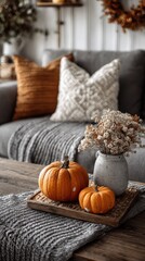 Cozy autumn home decor featuring pumpkins and dried flowers on a wooden table in a warm living room setting