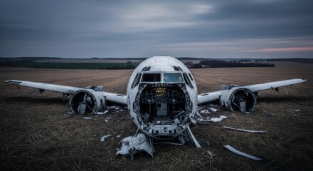 Decaying fuselage of a crashed airplane with glowing cockpit lights in a desolate field under an overcast sky.