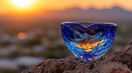Fototapeta premium Blue Glass Bowl Against Sunset Mountains