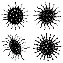 Illustration of four different virus or bacteria shapes in black and white with spiky protrusions isolated