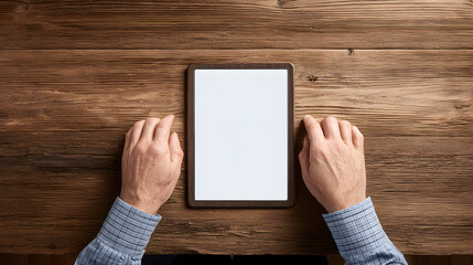 Man's hands with a blank screen tablet on a rustic wooden table, top view mockup.