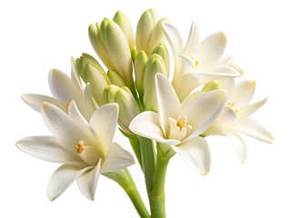 A closeup studio shot of fragrant white tuberose flowers and buds