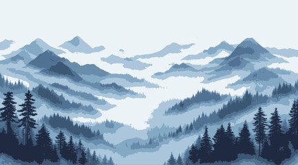Obraz premium Watercolor painting of foggy mountains, in dark blue and gray tones, in the style of Chinese ink