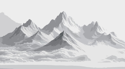 Fototapeta premium A mountain range covered in snow. The sky is grey and the mountains are covered in snow. The scene is peaceful and serene