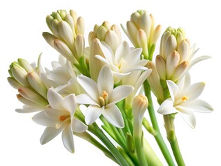 Obraz premium Elegant Cluster of White Tuberose Flowers with Buds and Green Stems against White