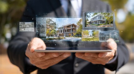 A real estate agent holding an tablet with futuristic digital holographic images of modern houses and green grass on the screen, symbolizing innovative property marketing.