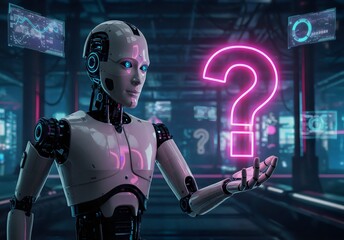 AI Robot Holding a Glowing Question Mark in a Futuristic City