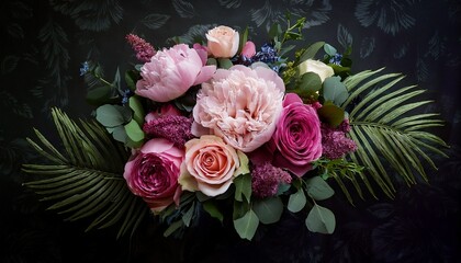 a mixed flower bouquet with peony roses and green branches on a dark floral background