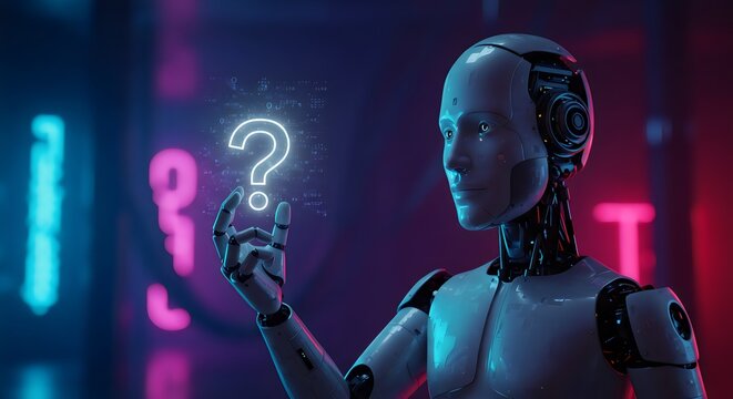 AI Robot Holding a Glowing Question Mark in a Futuristic City