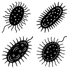 Four stylized black and white bacteria cells with flagella and varying internal patterns shown