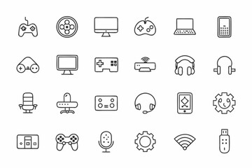 Collection of gaming and technology icons in a clean outline style