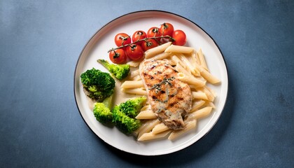 grilled chicken breast with creamy mushroom sauce cherry tomatoes broccoli and pasta on a white plate studio food photography homemade dinner and comfort food concept design for poster print