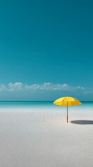 Minimalist Beach Landscape with White Sand, Turquoise Sea, and Single Yellow Umbrella – Photorealistic