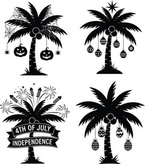 Fototapeta premium Festive Palm Tree Icon Quartet Featuring Halloween Webs and Jack-o'-Lanterns, Christmas Ornaments and Star, 4th of July Fireworks and Banner, and Easter Eggs in Tropical Holiday Mashup Style