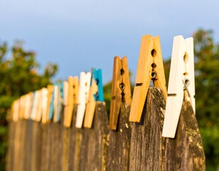 Colorful clothespins on a weathered wooden fence (1)