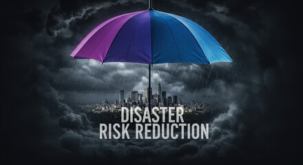 Umbrella symbolizes safety and resilience in urban disaster risk reduction efforts during a stormy weather, International Day for Disaster Reduction concept