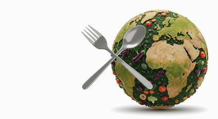 Global food sustainability illustrated with a vegetable earth globe and cutlery on a white background, World Food Day concept
