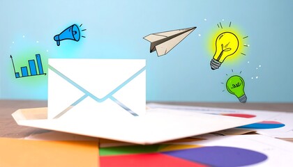 Email Marketing Concept with Paper Plane, Lightbulbs, Megaphone and Chart Graphics