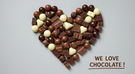 Heart-shaped arrangement of assorted chocolates on a neutral background, National Chocolate Day concept