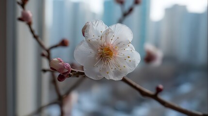 Close Up Of A Delicate White Blossom Against City Background