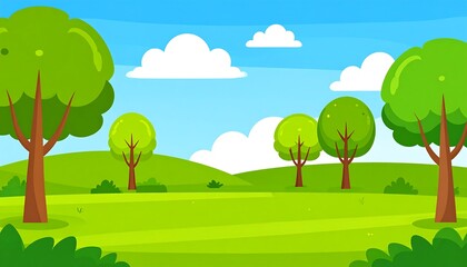 Fototapeta premium Cartoon illustration of a grassy landscape with trees.