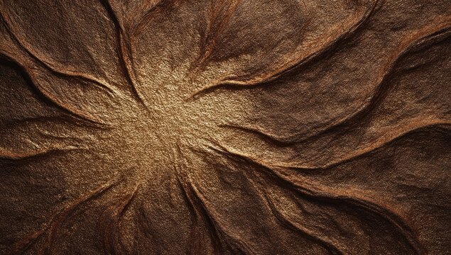 Abstract, textured surface with radial patterns in warm brown and gold tones