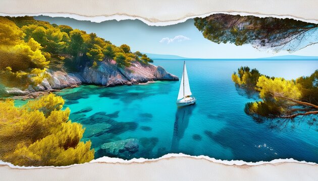 sailboat on turquoise water with rocky coastline and trees torn paper effect mediterranean landscape summer travel concept