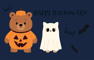 Horizontal Halloween banner with cute bear in pumpkin costume and cat in ghost costume. Festive background with pumpkins and bats. Perfect for banners and seasonal designs.