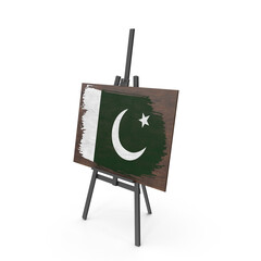 Pakistan's country flag painted on a wooden board on an easel.