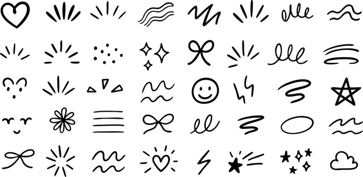 Set of hand-drawn doodle elements including hearts, stars, lines, sparkles, and smiley faces. Perfect for social media, notes, and scrapbooking