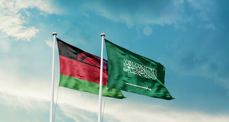 Malawi and Saudi Arabia friendship flags are waving in the sky. Two country flag for agreement or deal. Malawi KSA national flag for commitment.