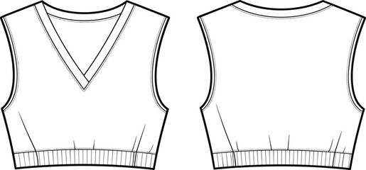 Crop top technical drawing, sleeveless design, front view, back view, V-neckline, round neckline, ribbed hem, fashion sketch, garment template, apparel illustration, clothing design, sewing pattern.