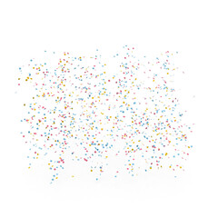 Colorful confetti pieces scattered randomly on a bright white background.